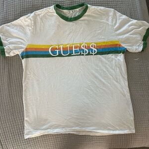 Guess White T-Shirt with Green Trim and Multicolor Stripes